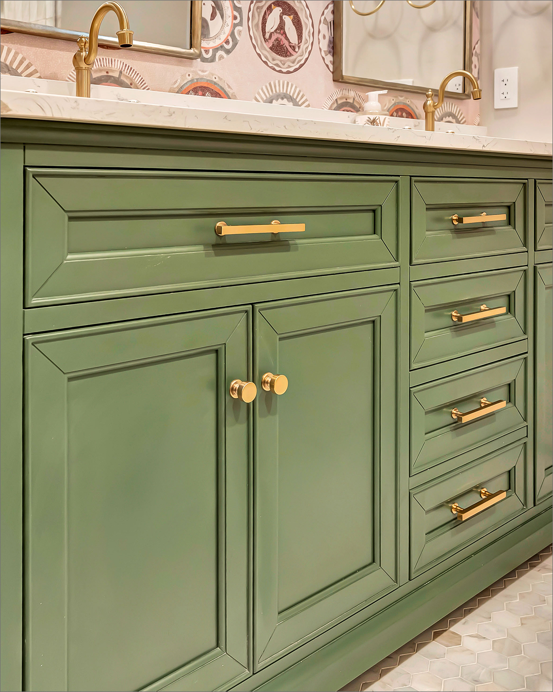 Green double vanity with brass pulls